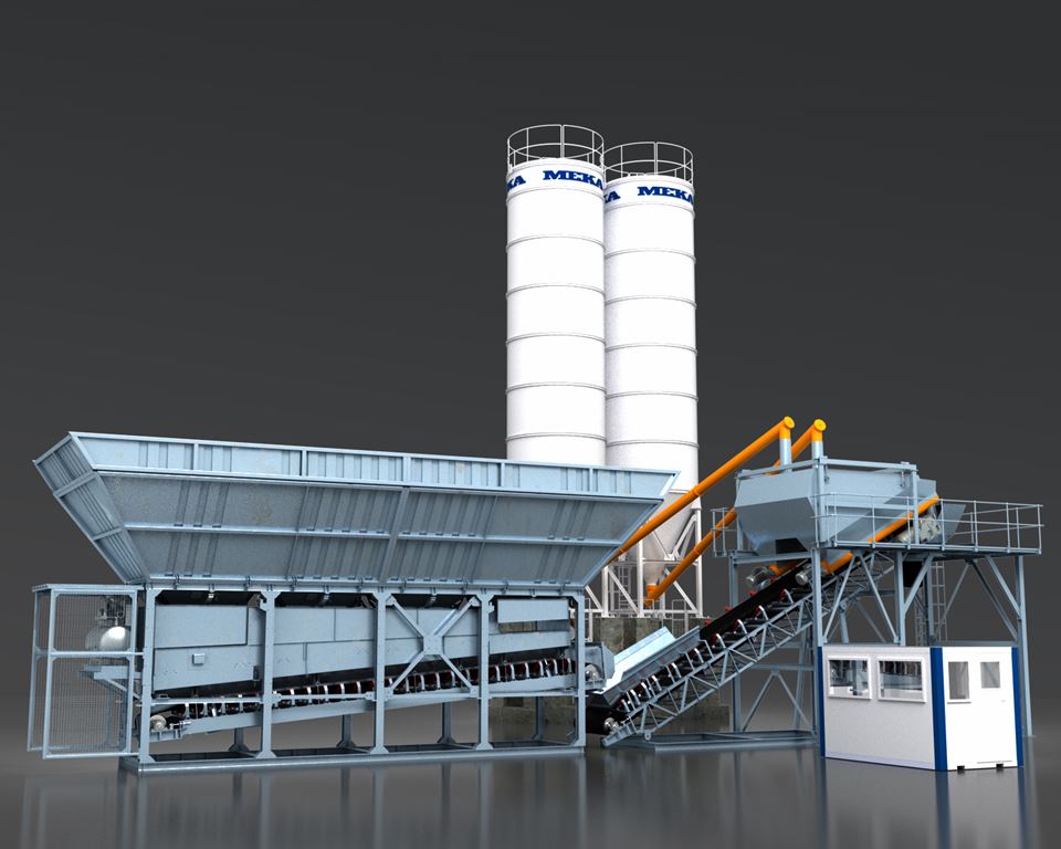 MEKA dry batching concrete plant is designed for easy setup and minimum foundation requirements